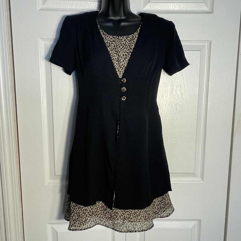 Vintage 90s Dawn Joy Fashions Dress Women 3/4 Black Leopard Print Short Sleeve